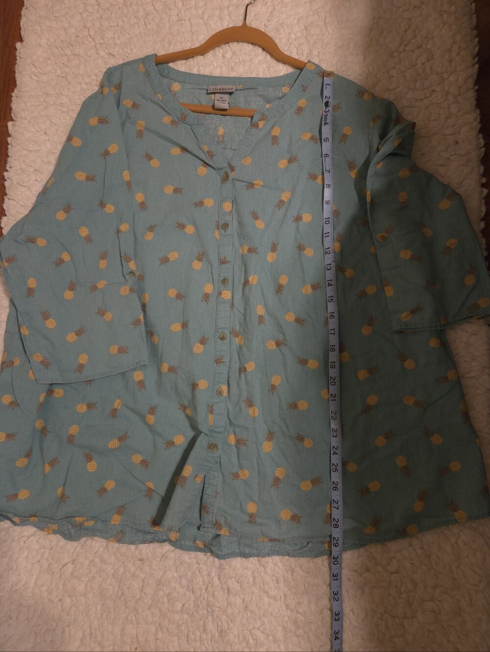 Catherines Teal Pineapple Print Henley Top - Picture 6 of 6